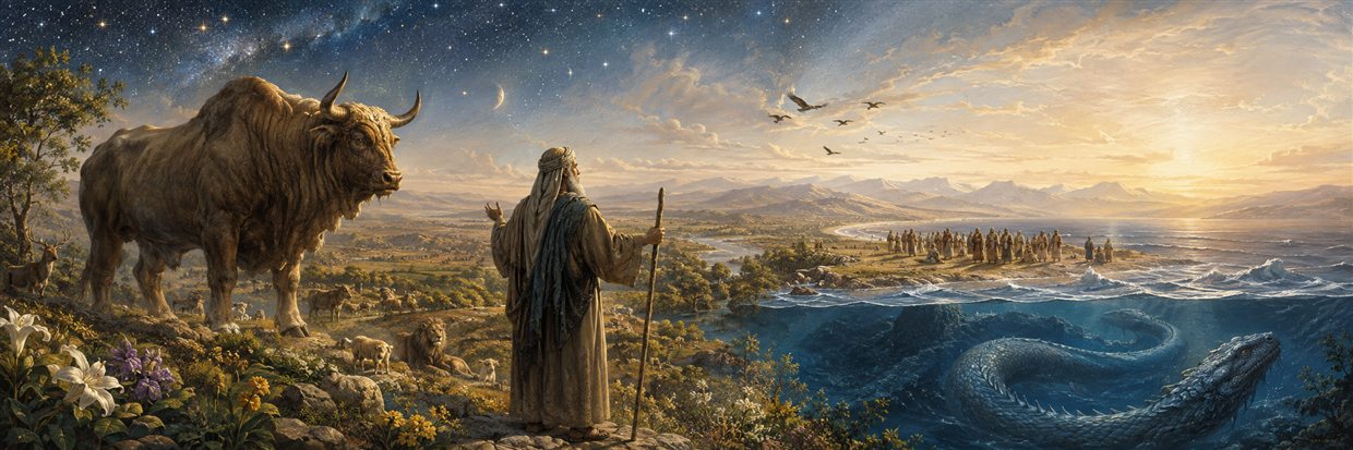 Ezra contemplates creation with a great land creature and Leviathan separated as his oppressed people wait